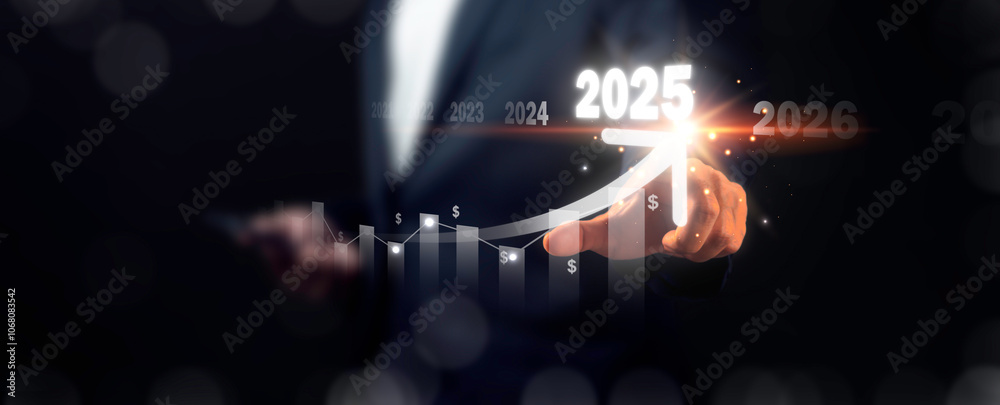 Fototapeta premium Business growth concept. Businessman planning business growing 2025, strategy digital marketing, profit income, economy, stock market trends and business.