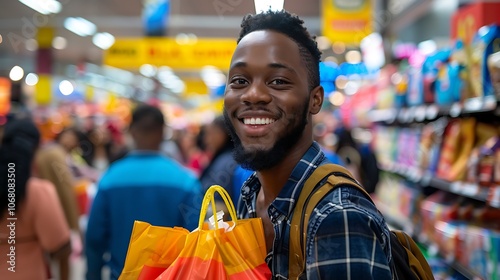Happy Shopper in Colorful Grocery Store Aisle
