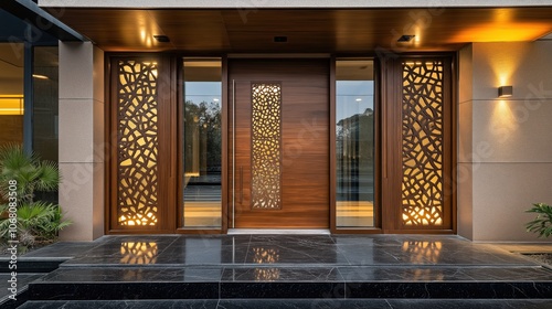Front door design with wood and glass photo