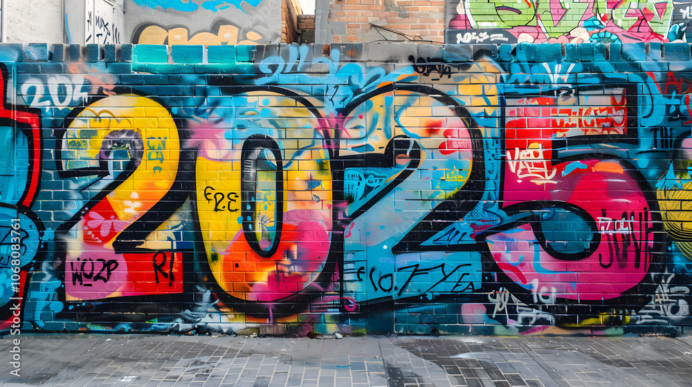 Naklejka premium 2025 graffiti mural - street art new years concept