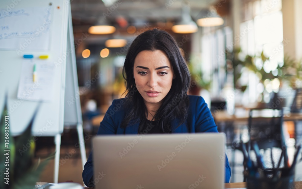 Focused businesswoman working on laptop in modern office. Focused businesswoman working on laptop in modern office.