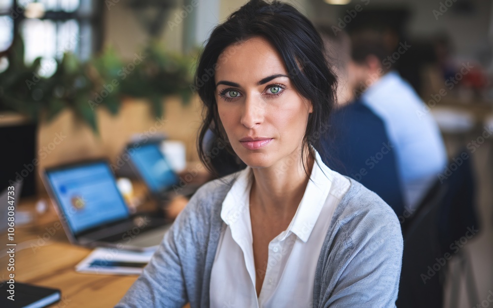 Confident businesswoman sitting at her desk in an office, looking directly at the camera.