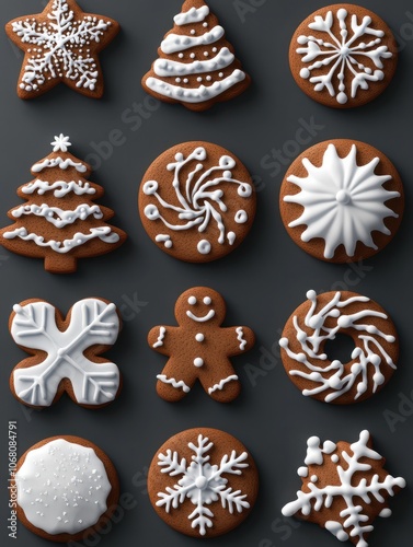 A festive collection of gingerbread cookies decorated with white icing, featuring designs like gingerbread men, snowflakes, and a Christmas tree. Transparent background