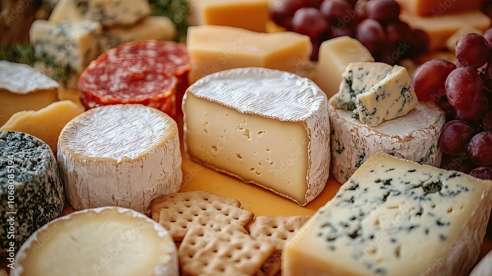A vibrant assortment of cheeses displayed on a yellow background, featuring varieties like Camembert and blue cheese, ideal for gourmet food promotions. A vibrant assortment of cheeses displayed on a yellow background, featuring varieties like Camembert and blue cheese, ideal for gourmet food promotions.