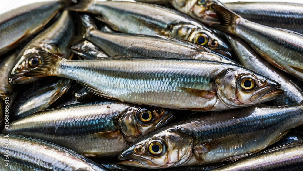 Fototapeta premium Mackerel fish on market table for sell. Sea mackerel on display. Raw sea food ingredient. Grey and silver fishes from fisherman's catch. Healthy