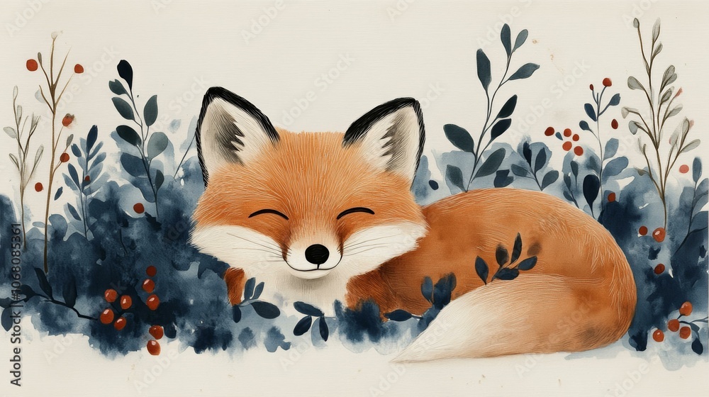 Obraz premium Cute Red Fox Illustration in Berry Field, Hand-Drawn Wildlife Art