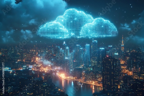 A Digital Cloud Hovering Above a Nighttime Cityscape
