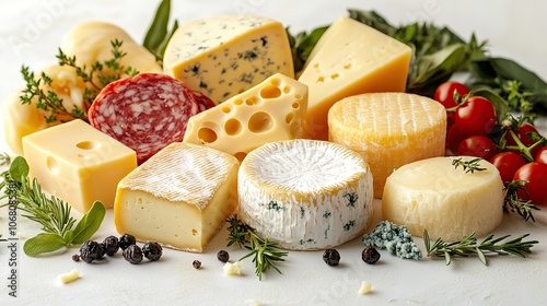 A vibrant assortment of gourmet cheeses displayed on a yellow background, featuring varieties like Camembert and blue cheese, ideal for food promotions.