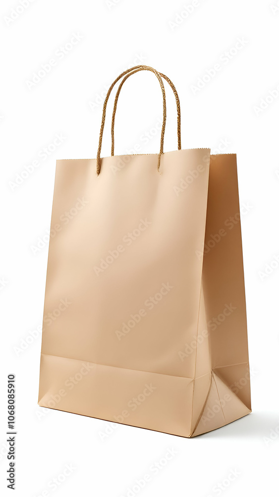 Beige Paper Shopping Bag With Gold Rope Handles Isolated Beige Paper Shopping Bag With Gold Rope Handles Isolated