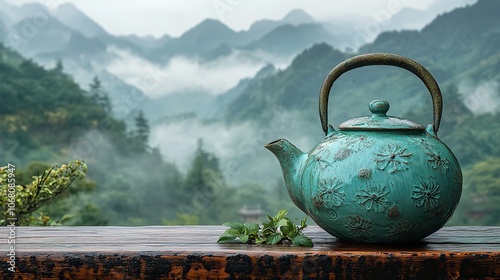 A vintage ceramic tea kettle, paired with Chinese green or Ceylon black tea, sits in a picturesque setting of valley mountains, symbolizing the warmth and serenity of morning travel. photo