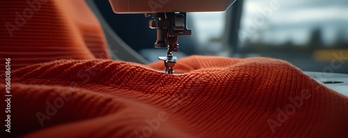 Close-up of a sewing machine stitching an orange fabric, showcasing textile craftsmanship. photo