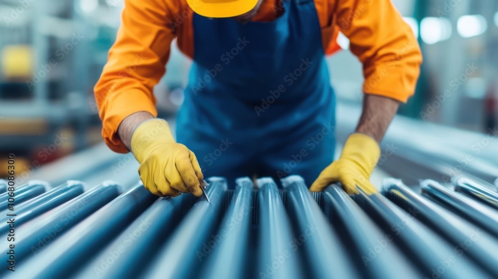 Close up view of an industrial worker wearing protective gloves and overalls while operating machinery and equipment in a manufacturing factory setting Close up view of an industrial worker wearing protective gloves and overalls while operating machinery and equipment in a manufacturing factory setting