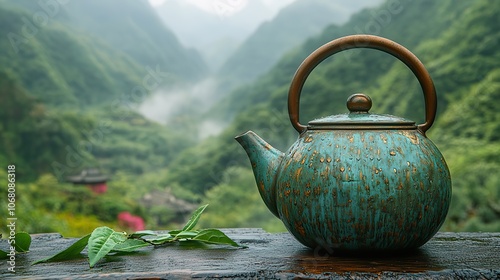 A vintage tea kettle filled with Chinese green tea, set against a beautiful landscape of valley mountains, evoking a sense of tranquility and travel in banner or card designs. photo