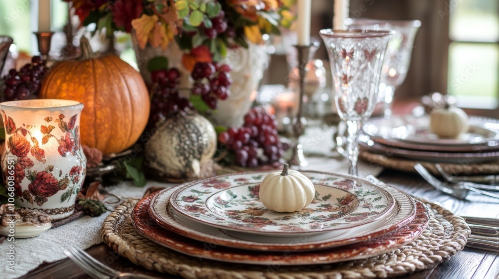 Naklejka premium Autumnal Table Setting with White Pumpkin Centerpiece