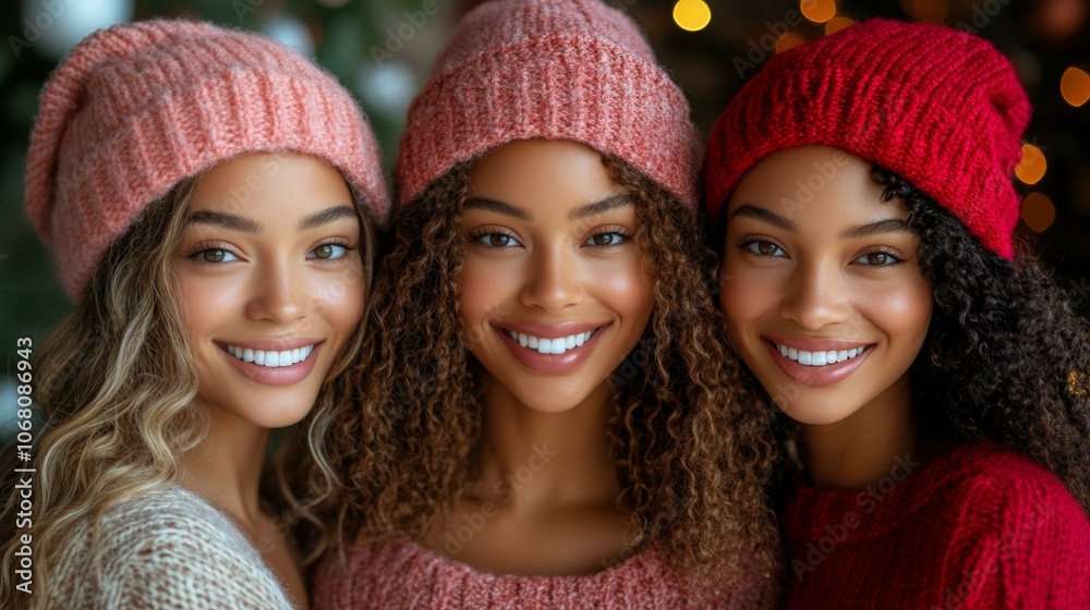 Smiling Women in Pink and Red Knit Hats Smiling Women in Pink and Red Knit Hats