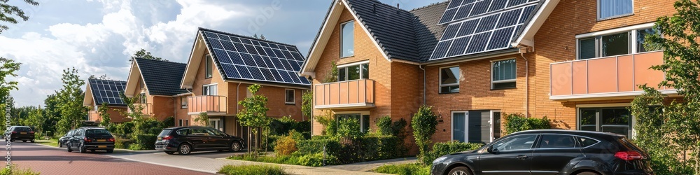 Dutch homes with peach solar panels and parked black cars, wide angle shot. Dutch homes with peach solar panels and parked black cars, wide angle shot.