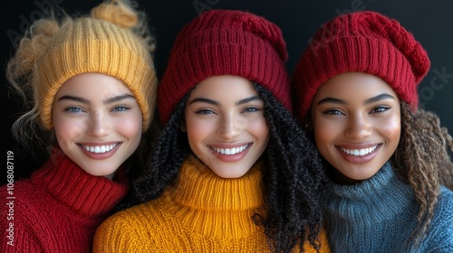 Bright Winter Smiles: Four Models in Vibrant Turtleneck Sweaters photo