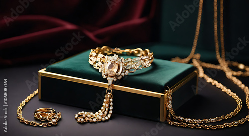 Elegant Jewelry Mock-Up with Velvet Box and Gold Necklace on a Dark Background with Soft Spot Lighting photo