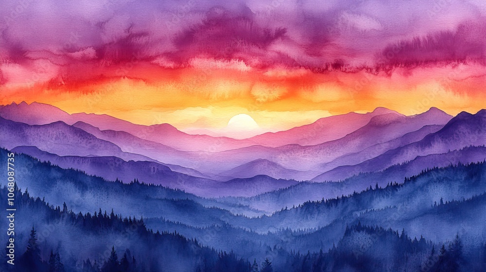 A watercolor sunset with purple and pink clouds fills the sky with magic, creating a serene banner for a nature-inspired design. A watercolor sunset with purple and pink clouds fills the sky with magic, creating a serene banner for a nature-inspired design.