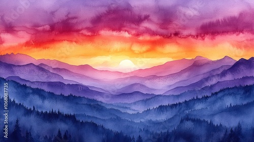 A watercolor sunset with purple and pink clouds fills the sky with magic, creating a serene banner for a nature-inspired design.