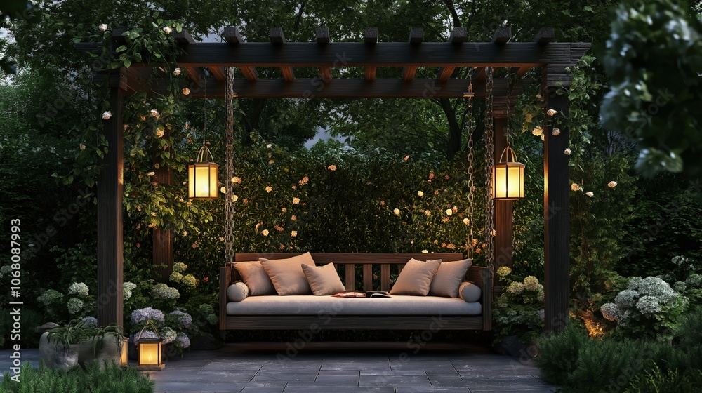 Hanging light bulbs above a wooden bench with pillows, greenery wall background Hanging light bulbs above a wooden bench with pillows, greenery wall background