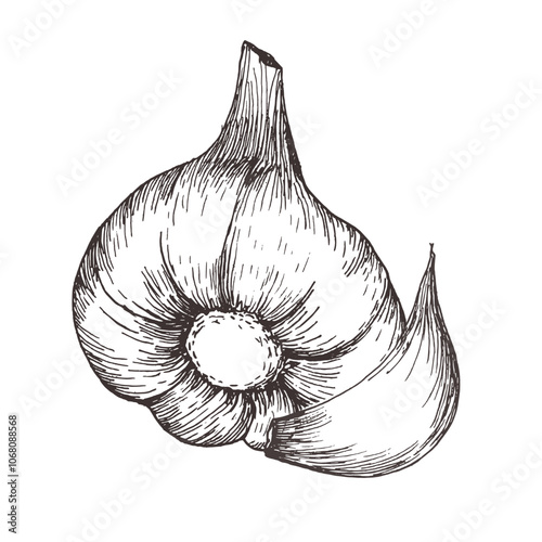 Ink garlic hand drawn vector illustration. Vegan food clipart in line art style. Meal ingredient for dinner, main course addition. White sauce. For product packing, textile, kitchen utensils design