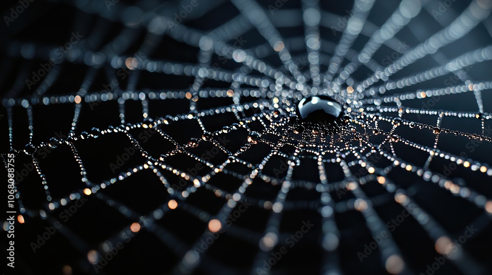 A wild spider web covered in water droplets sparkling on a black background, ideal for Halloween party greeting cards, posters, or banners with copy space. A wild spider web covered in water droplets sparkling on a black background, ideal for Halloween party greeting cards, posters, or banners with copy space.