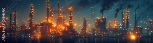 Stunning Nighttime Industrial Skyline with Illuminated Refineries and Skyscrapers in a Futuristic Cityscape