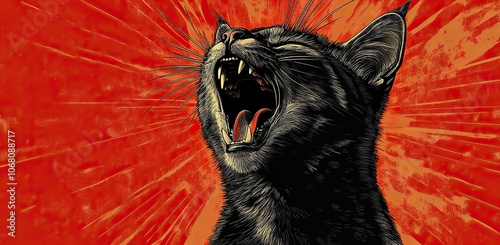 A wild cat hissing with bared teeth against a bright background, perfect for Halloween designs or pet-themed event posters.