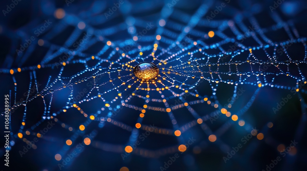 A wild spider web with water droplets sparkling on a dark blue background, designed as a closeup backdrop for Halloween party posters, greeting cards, or banners. A wild spider web with water droplets sparkling on a dark blue background, designed as a closeup backdrop for Halloween party posters, greeting cards, or banners.