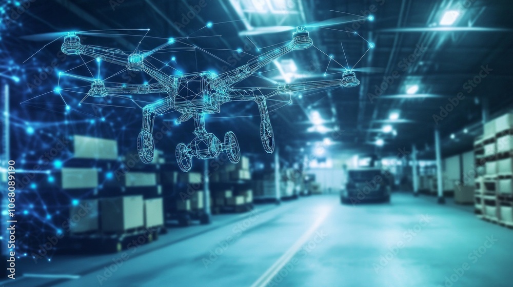 Fototapeta premium Artificial intelligence in logistics, with digital maps and delivery drones.