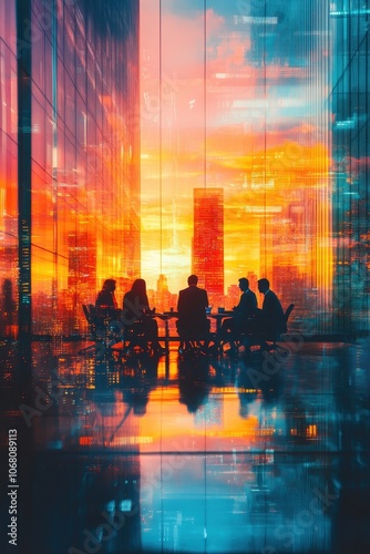 Silhouetted Business Meeting in Modern Glass Office with Vibrant Sunset Reflection and Cityscape Background