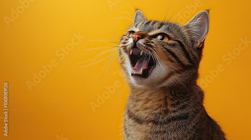 A wild tabby cat hissing with bared teeth on a bright background, perfect for Halloween-themed events or pet-related promotions.