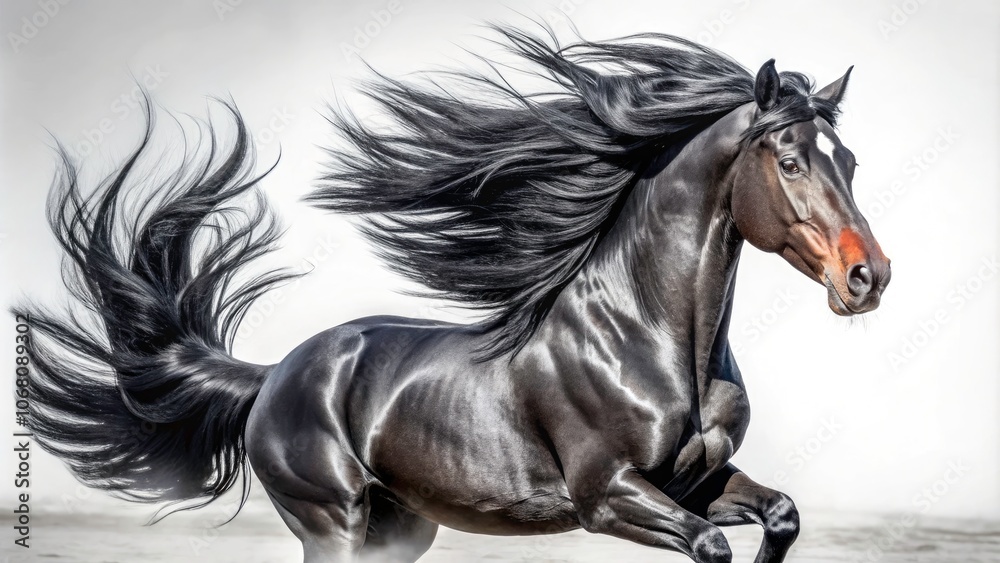 Fast Black Horse in Motion on White Background - Macro Photography of Graceful Equine Strength and Wind-Blown Mane, Capturing Power and Elegance in Stunning Detail Fast Black Horse in Motion on White Background - Macro Photography of Graceful Equine Strength and Wind-Blown Mane, Capturing Power and Elegance in Stunning Detail