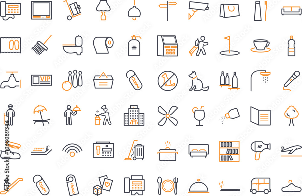 Resort Hotel web icons in line style. Wellness, beach, tourism, hotel, passport, maps, spa, landscape, camera. Icon collection. Vector illustration.