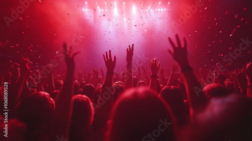 beautiful woman dances confidently at the back of a lively group in a club, radiating joy and freedom in a vibrant social atmosphere