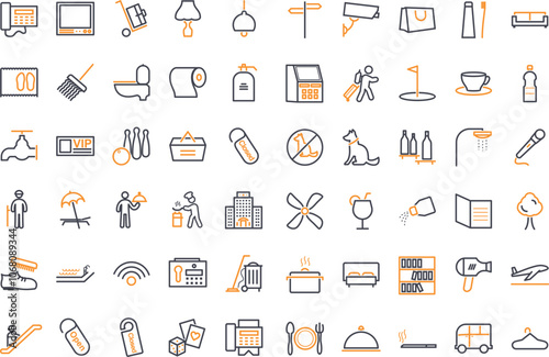 Obraz na płótnie Resort Hotel web icons in line style. Wellness, beach, tourism, hotel, passport, maps, spa, landscape, camera. Icon collection. Vector illustration. w salonie