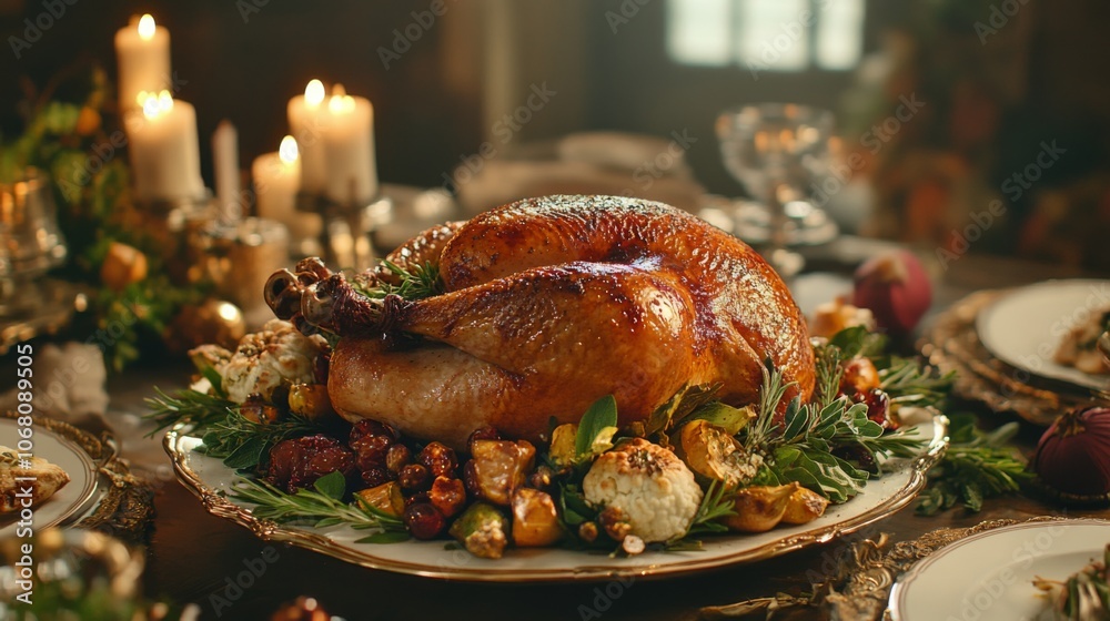 Roasted Turkey with Festive Garnishes on a Silver Platter Roasted Turkey with Festive Garnishes on a Silver Platter