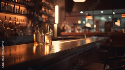 Elegant Bar Scene with Whiskey Bottles and Warm Lighting