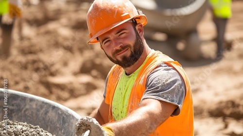 Construction worker in hard hat and safety vest operating a large cement mixer on a busy construction site pouring the concrete mixture into a wheelbarrow for transport and placement photo