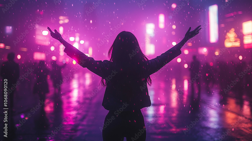 beautiful woman dances confidently at the back of a lively group in a club, radiating joy and freedom in a vibrant social atmosphere beautiful woman dances confidently at the back of a lively group in a club, radiating joy and freedom in a vibrant social atmosphere