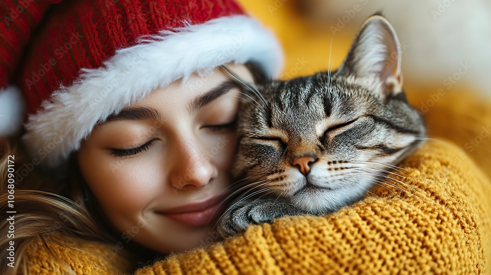 A woman cuddling a cat in a Santa hat on a yellow background symbolizes Christmas and New Year celebrations, perfect for holiday greeting cards. A woman cuddling a cat in a Santa hat on a yellow background symbolizes Christmas and New Year celebrations, perfect for holiday greeting cards.