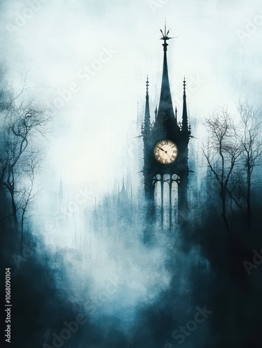 A haunting clock tower emerges through a dense fog, surrounded by barren trees, This moody scene is perfect for themes of mystery, nostalgia, or gothic art, ideal for book covers, posters photo