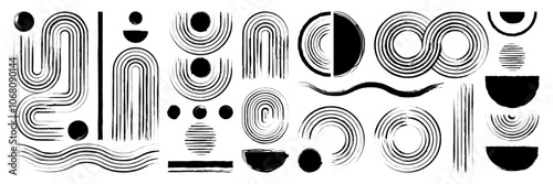 Hand drawn line geometric zen arch set. Black arc figure, circle shape with painting texture. Contemporary vector illustration.
