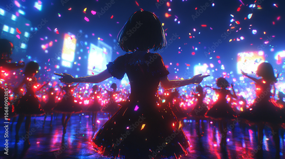 beautiful woman dances confidently at the back of a lively group in a club, radiating joy and freedom in a vibrant social atmosphere beautiful woman dances confidently at the back of a lively group in a club, radiating joy and freedom in a vibrant social atmosphere