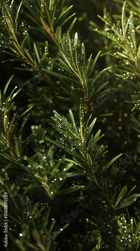 green rosemary with dew drops macro shot