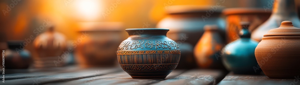 A collection of beautifully crafted pottery displayed on a wooden surface with a warm, soft light in the background, This image can be used in home decor, artisan crafts A collection of beautifully crafted pottery displayed on a wooden surface with a warm, soft light in the background, This image can be used in home decor, artisan crafts