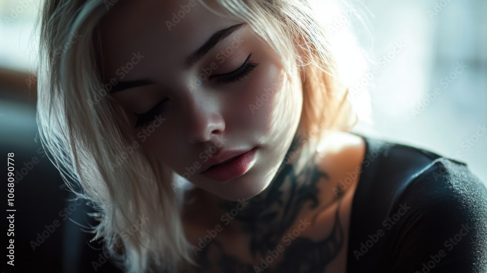 Portrait of a woman with an ethereal tattoo and soft focus, evoking a dreamy atmosphere Portrait of a woman with an ethereal tattoo and soft focus, evoking a dreamy atmosphere