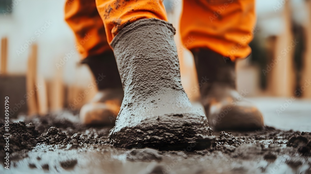 A construction worker using a tool to smooth and level the wet concrete for a new sidewalk installation in an urban outdoor environment A construction worker using a tool to smooth and level the wet concrete for a new sidewalk installation in an urban outdoor environment