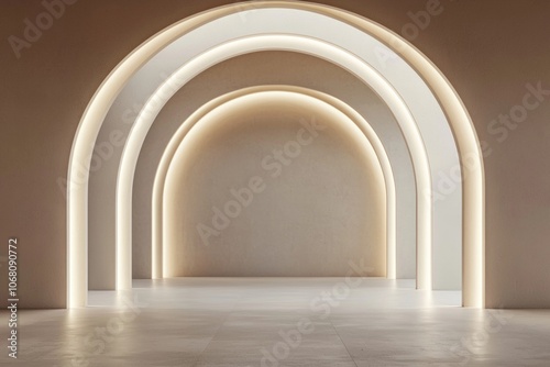 3D render of arches illuminated with white lights on a beige background, a minimalistic scene with empty space in the middle.